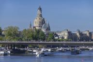 Every year on 1 May, the historic passenger steamers (PD) and the two saloon ships of the White Fleet form a decorated parade with live music on the ships. The banks and bridges of the Elbe are lined with thousands of spectators, Dresden, Saxony,