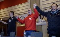 Chicago, Illinois, Shawn Fain (center), president of the United Auto Workers union, joins in singing Solidarity Forever at the conclusion of the 2024 Labor Notes conference. That event brought together 4, 700 union activists who are working to