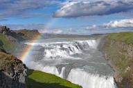 Rainbow over the Gullfoss waterfall, golden triangle, Hvita, Iceland