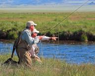 Two men fly fishing, river fishing, fishing, Wyoming, United States, North