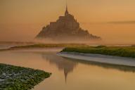 France, Normandy, Le Mont-Saint-Michel at sunrise, Normandy, France