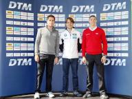 DTM drivers Daniel Juncadella (Mercedes), Augusto Farfus (BMW) and Eduardo Mortara (Audi) at the 2014 DTM press conference in
