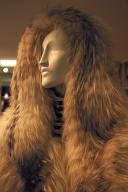 Fashion mannequin with modern fur hat (fashion department) of the Victoria & Albert Museum, 1-5 Exhibition Rd, London, England, Great