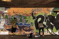 Graffiti artist at work in a skateboard park on the Thames, London, England, Great
