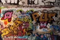 Graffiti wall in a skateboard park on the Thames, London, England, Great