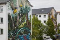 Artistic façade design on a block of flats, street art, graffiti artist BeNeR1, Hanover, Lower Saxony, Germany