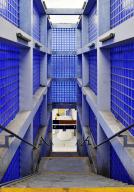 Access to Hanover-Nordstadt railway station, blue glass blocks and exposed concrete, project for Expo 2000, Hanover, Lower Saxony, Germany