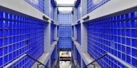 Access to Hanover-Nordstadt railway station, blue glass blocks and exposed concrete, project for Expo 2000, Hanover, Lower Saxony, Germany