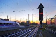Intercity-Express at the atmospheric sunrise at the main railway station in Dortmund, Germany