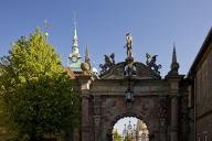 Castle portal with the town hall spire, Bückeburg Castle, Bückeburg, Lower Saxony, Germany
