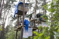 Tree houses in the occupied section of forest Tesla Stop . The occupation of the forest is intended to demonstrate against the imminent clearing for the planned expansion of the Tesla Gigafactory in Grünheide. 11.05