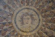 Fine gold-coloured mosaic of a sun face from antiquity, head of Medusa, interior view, Grand Masters Palace, Knights Town, Rhodes Town, Rhodes, Dodecanese, Greek Islands, Greece