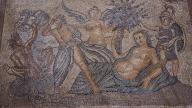 Antique mosaic of a scene with mermaids and sea creatures, Poseidon pursues Polybotes, stone creates the island of Nisyros, interior view, Grand Masters Palace, Knights Town, Rhodes Town, Rhodes, Dodecanese, Greek Islands, Greece