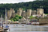 View of a harbour and the towers and walls of a medieval castle, Conwy, Cornwall, Great