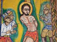 Jesus Christ crucifixion, mural painting in an orthodox monastery, Ura Kidanemeret monastery, Lake Tana, Ethiopia