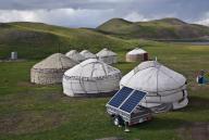 Yurt camp for tourists supplied with solar generated electricity, near lake Tolpur, Alay valley, Kyrgyzstan