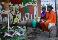 Fish seller in the street, mural painting, Hazaribagh, Jharkhand, India