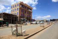In the highlands of Abyssinia, in the Semien Mountains, Semien Mountains, village of Debark, street scene, bank building, Ethiopia