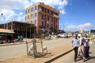 In the highlands of Abyssinia, in the Semien Mountains, Semien Mountains, village of Debark, street scene, bank building, Ethiopia