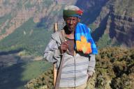 In the highlands of Abyssinia, in the Semien Mountains, landscape in the Semien Mountains National Park, guard, accompanying person, Ethiopia