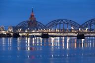 Academy of Sciences, Central Market, railway bridge over the Daugava, morning mood, blue hour, Riga, Latvia