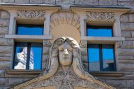 Facade of an Art Nouveau building in the historic city centre, Riga, Latvia