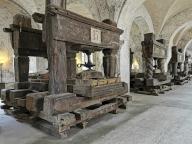 Lay refectory, exhibition of historical wine presses from the period 1668 to 1801, Eberbach Monastery, Erbach Monastery, former Cistercian abbey near Eltville am Rhein, Hesse, Germany