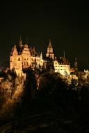 Hohenzollern Castle Sigmaringen, former princely residence and administrative centre of the Princes of Hohenzollern-Sigmaringen, city castle, north side, view from the Mühlberg vantage point, night shot, artificial light, architecture, historical 