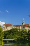 Hohenzollern Castle Sigmaringen, former princely residence and administrative centre of the Princes of Hohenzollern-Sigmaringen, city castle, architecture, historical building, west view, blue sky, bridge, Danube, river, Sigmaringen, Upper Swabia, 