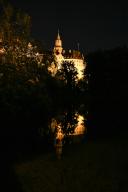 Hohenzollern Castle Sigmaringen, former princely residence and administrative centre of the Princes of Hohenzollern-Sigmaringen, city castle, north side, night shot, reflection in the Danube, artificial light, architecture, historical building, 