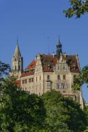 Hohenzollern Castle Sigmaringen, former princely residence and administrative centre of the Princes of Hohenzollern-Sigmaringen, city castle, architecture, historical building, eastern view, blue sky, Sigmaringen, Upper Swabia, Baden-Württemberg, 