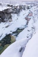 The river Abiskojohkka in Abisko Canyon, Abisko National Park, Norrbotten, Lapland, Sweden, January 2014