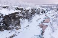 The river Abiskojohkka in Abisko Canyon, Abisko National Park, Norrbotten, Lapland, Sweden, January 2014