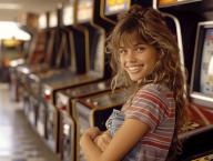 Group of teenagers boys and girls enjoying classic pinball and arcade game machines in a retro arcade saloon, embodying 80s nostalgia and vintage entertainment culture, AI