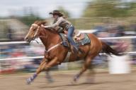 Motion blur of a cowgirl riding fast during barrel racing, Caroline Stampede, rodeo, Caroline, Alberta, Canada, North