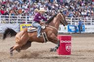 Cowgirl riding fast during barrel racing, Strathmore Heritage Days, Rodeo, Strathmore, Alberta, Canada, North