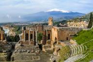 Greek theatre, Teatro Greco, 3rd century BC, seats 5000 with magnificent views, Taormina on a rocky terrace on the slopes of Monte Tauro, Taormina, Sicily, Italy