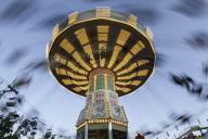 Carousel at dusk, motion blur, Calgary Stampede Midway, Calgary, Alberta, Canada, North