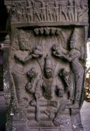Vishnu with hi consorts Sridevi and Bhudevi sculpture in Ramaswamy temple pillared Mahamandapatam in Kumbakonam, Tamil Nadu, India