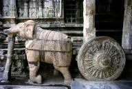 Sarangapani temple sanctum sanctorum built like a chariot with beautifully sculpted elephant drawing it in Kumbakonam, Tamil Nadu, India