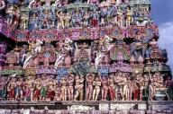 Stucco work figures in Sarangapani temple Rajagopuram the main gateway has eleven tiers and has a height of 173 ft 53 m in Kumbakonam, Tamil Nadu, India