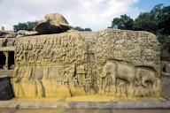 Arjuna\'s Penance, the Descent of Ganges built in 7th Century by Pallava King in Mahabalipuram Mamallapuram near Chennai, Tamil Nadu, India, Asia. World Heritage Site