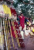 Spectators and colourful umbrellas in Pooram festival in Thrissur Trichur, Kerala, South India, India