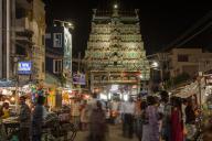 East gopuram tower with street in night, Nataraja temple in Chidambaram, Tamil Nadu, South India, India