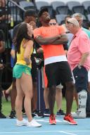 MELBOURNE, AUSTRALIA, FEBRUARY 9: Michelle Jenneke shares a laugh with Usain Bolt on night 2 of Nitro Athletics on February 9