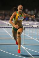 MELBOURNE, AUSTRALIA, FEBRUARY 4: Michelle Jenneke of Team Australia celebrates winning the 100m hurdles on night 1 of Nitro Athletics on February 4