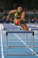 MELBOURNE, AUSTRALIA, FEBRUARY 4: Michelle Jenneke of Team Australia wins the 100m hurdles on night 1 of Nitro Athletics on February 4