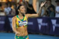 MELBOURNE, AUSTRALIA, FEBRUARY 4: Michelle Jenneke of Team Australia celebrates winning the 100m hurdles on night 1 of Nitro Athletics on February 4