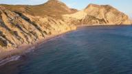 Drone shot, Paradise Beach coast, beach and turquoise sea, Kos, Dodecanese, Greece 