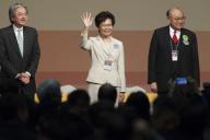 Former Hong Kong Chief Secretary Carrie Lam, center, waves as she declares her victory in the Hong Kong chief executive election in Hong Kong, China, 26 March 2017. Carrie Lam won the election of the fifth-term chief executive of China